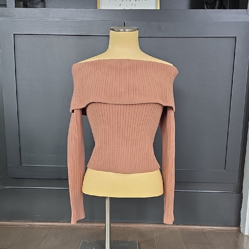 Express Off-Shoulder Ribbed Sweater - Brown